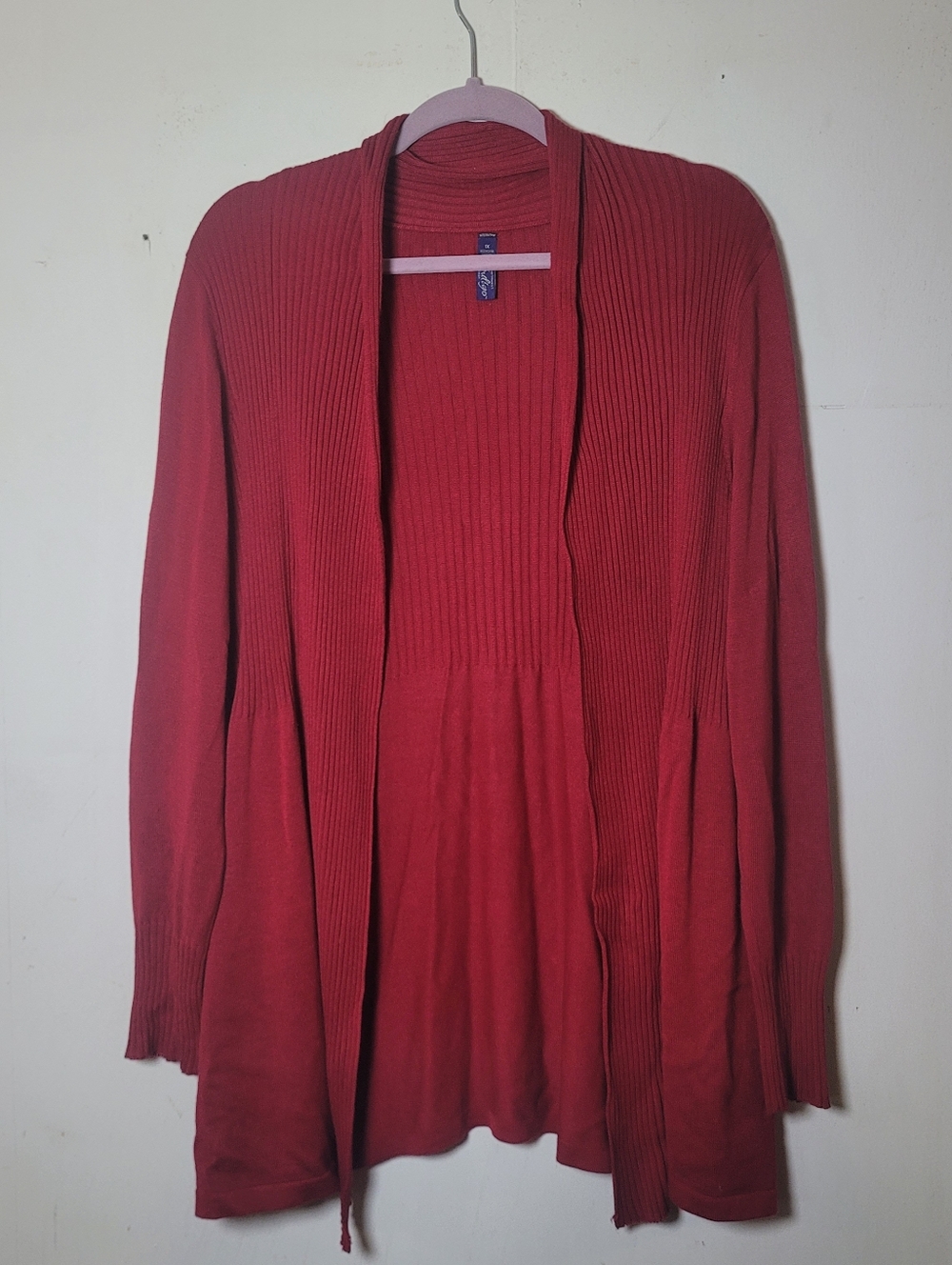 Great Northwest Indigo Open-Front Ribbed Cardigan Deep Red/Burgundy Size 1X